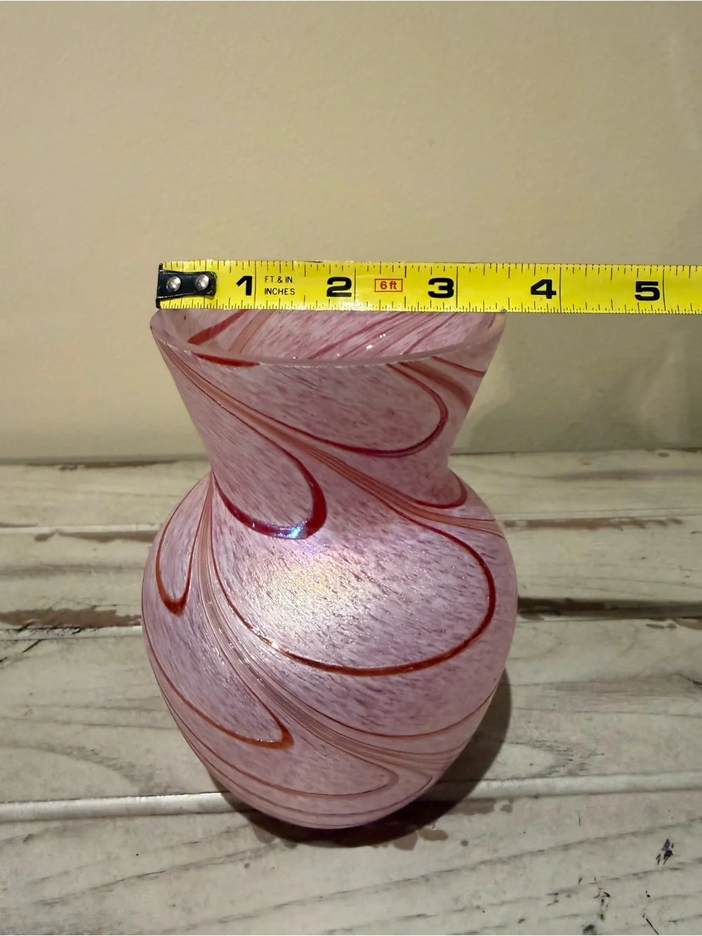 Vintage Art Glass Swirl Vase Pink White Iridescent Art Deco Studio Glass